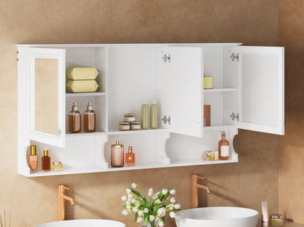 Wall-Mounted Mirror Medicine Cabinet With Adjustable Shelf And Open Shelves, Bathroom Storage Cabinet Over Toilet - White