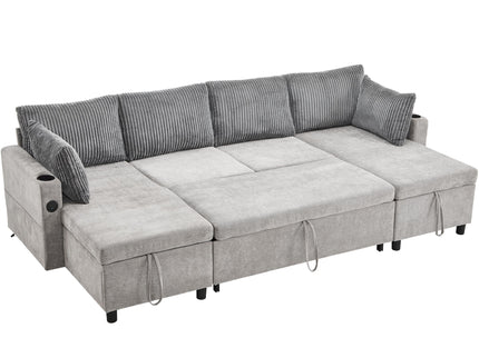 Sectional Sofa Bed With Pull Out Sleeper, USB Ports, Cup Holders