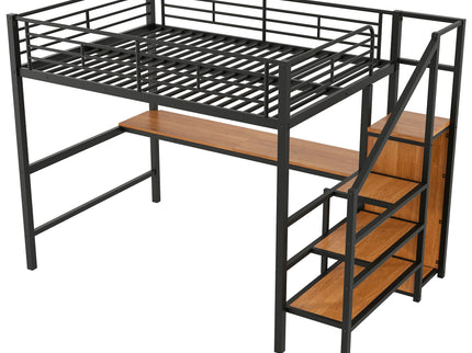 Loft Bed With Desk, Storage Staircase, Small Wardrobe And LED Light
