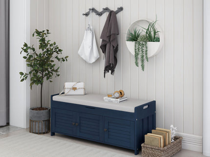 Storage Bench With 3 Shutter-Shaped Doors, Shoe Bench With Removable Cushion And Hidden Storage Space