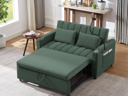 Convertible Sofa Bed Loveseat Sofa With Three USB Ports, Two Side Pockets, Two Cup Holders And 360° swivel Phone Holder For Living Room