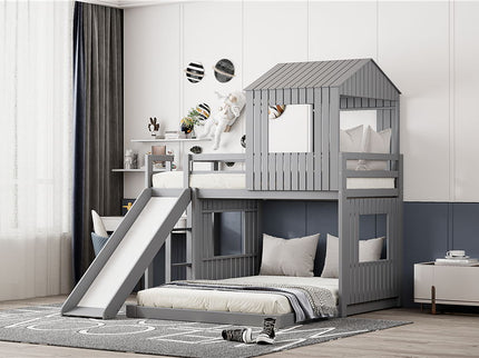 Loft Bunk Bed With Playhouse, Farmhouse, Ladder, Slide And Guardrails