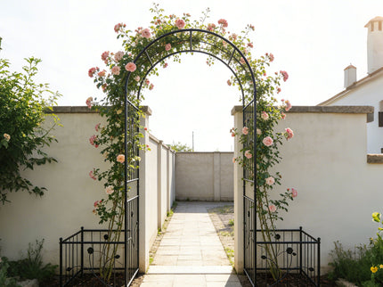 Metal Garden Arch With Two Plant Stands Wide High Climbing Plants Support Rose Arch Outdoor - Black