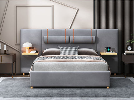 Upholstered Platform Bed, 2 Outlets And USB Charging Ports On Both Sides, 2 Bedside Pillows, Storage Shelves