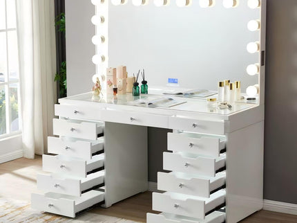 LED Lighted Makeup Vanity Desk With 16 Bulbs Mirror, 13 Drawers Dressing Table For Bedroom - Gloss White