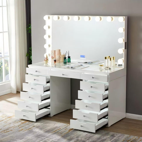 LED Lighted Makeup Vanity Desk With 16 Bulbs Mirror, 13 Drawers Dressing Table For Bedroom - Gloss White