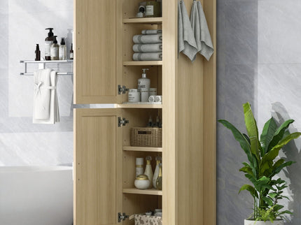 Tall Freestanding Bathroom Storage Cabinet With Adjustable Shelves And Side Hooks