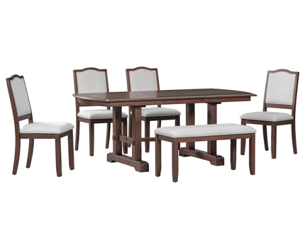 6 Piece Extendable Dining Table Set, Wood Table With Removable Leaf, 4 Upholstered Chairs And Bench - Cherry