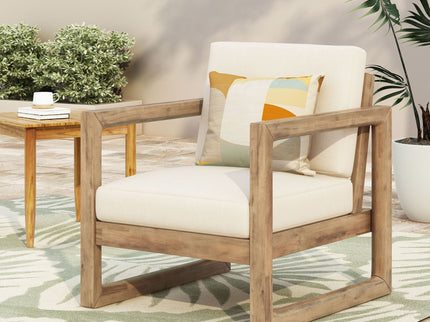 Outdoor Acacia Wood Patio Club Chair, Wood Patio Furniture, Waterproof Thick Cushion Deep Seating For Porch - Brown Wash / Beige