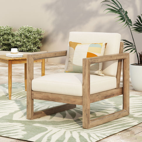 Outdoor Acacia Wood Patio Club Chair, Wood Patio Furniture, Waterproof Thick Cushion Deep Seating For Porch - Brown Wash / Beige