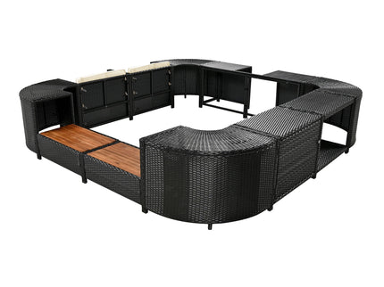 Spa Surround Spa Frame Quadrilateral Outdoor Rattan Sectional Sofa Set With Mini Sofa, Wooden Seats And Storage Spaces
