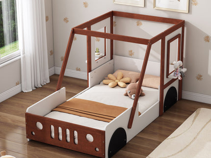 Fun Play Design Twin Size Car Bed, Kids Platform Bed In Car Shaped For Kids Boys Girls Teens - White / Orange