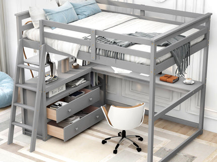 Modern Loft Bed With Built In Desk, Shelves, And 2 Drawers