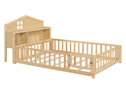 Full Size Montessori Floor Bed With Bookcases And boards, Solid Wood Platform Bed With Guard Rails And Storage Headboards - Natural
