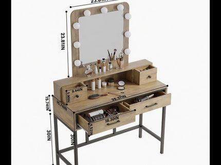 Vanity Desk With 3 Color Lighted Mirror And 4 Drawers