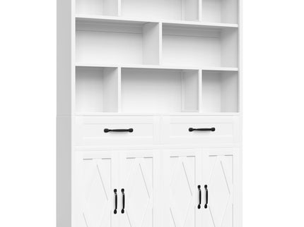Bookcase Tall With 2 Doors & 2 Drawers, Fixed Open Shelves - White