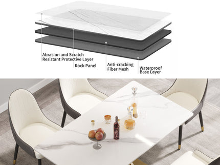 63" Modern Artificial Stone Panel Double-Ring Stainless Steel Metal Legs, Can Accommodate 6-8 People - White / Gold