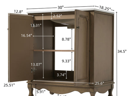 Vintage Bathroom Vanity With Ceramic Sink, Adjustable Shelves