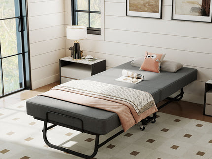 Twin Folding Bed With Memory Foam Mattress, 4 Lockable Wheels - Gray