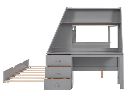 Bunk Bed With Trundle And Built In Desk, 3 Storage Drawers And Shelf