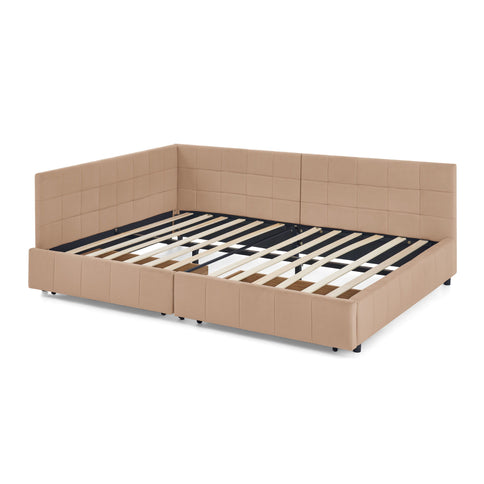 Mid-Century Storage Upholstered Tufted Bed Frame With Backrest And Armrests