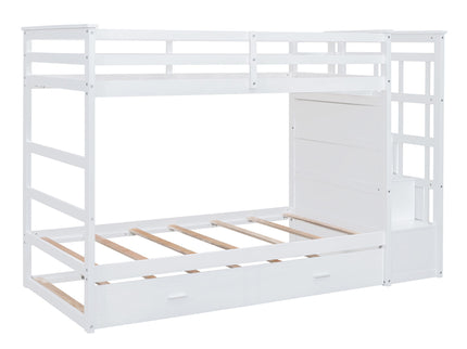 Twin Over Twin Bunk Bed With Trundle And Staircase - White