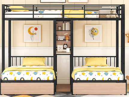 Triple Bunk Bed With Drawers, Multi-Functional Frame With Desks And Shelves In The Middle