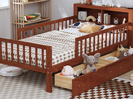 Bed With Headboard Storage Rack, 2 Under Bed Drawers, 3 Side Guardrails For Safety