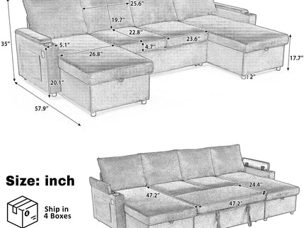 U Shaped Sectional Sofa Bed With Storage Chaise Lounges, USB Ports, And Cup Holders