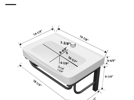 Wall Mounted Rectangular Bathroom Sink With 304 Stainless Steel Towel Bar & Overflow - White