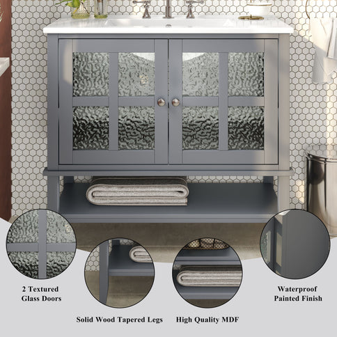 Bathroom Vanity With Ceramic Sink, Adjustable & Open Shelf