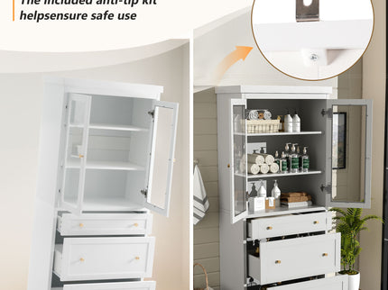 Freestanding Tall Bathroom Cabinet With Adjustable Shelves, Drawers, Soft Close Glass Doors