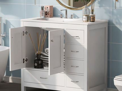 Bathroom Vanity With Ceramic Sink Combo, Abundant Storage Cabinet 2 Soft Close Doors And 5 Drawers