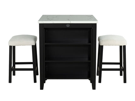 Dining Table Set With Storage Shelves, 3 Piece With 2 Stools - Black / Ivory / White