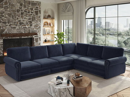 L-Shaped Sofa Couch With Pull Out Bed With Nailhead Trim & Rolled Arm