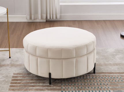 Upholstered Round Ottoman With Reversible Lid, Channel Tufted Pumpkin Shape