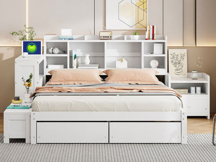 Platform Bed With Multi Functional Storage Space, Nightstand, 2 Drawers, USB Ports And Desk