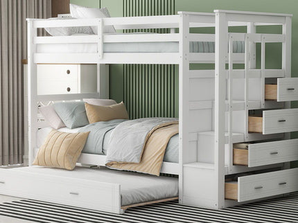 Twin Over Twin Bunk Bed With Trundle And Staircase - White