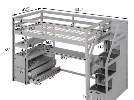 Loft Bed With Desk, Shelves, 2 Drawers, Storage Staircase