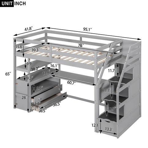 Loft Bed With Desk, Shelves, 2 Drawers, Storage Staircase