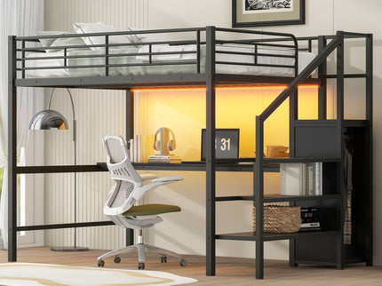 Full Size Loft Bed With Desk, Storage Staircase, Small Wardrobe And LED Light - Black