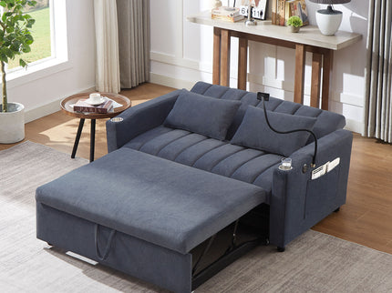 Convertible Sofa Bed Loveseat Sofa With Three USB Ports, Two Side Pockets, Two Cup Holders And 360° swivel Phone Holder For Living Room