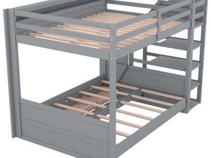Wood Full Size Convertible Bunk Bed With Storage Staircase, Bedside Table, And 3 Drawers - Gray