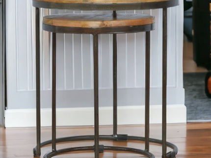 Round Stool Table With Iron Base (Set of 2) - Brown / Black