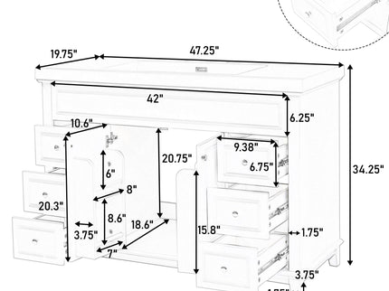 Bathroom Vanity Cabinet Only, 6 Soft Close Drawers & Double Doors With 2 Tier Shelves - White