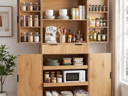 Fluted Kitchen Pantry Cabinet With 3 Keyboard Drawers & 6 Door Shelves Adjustable