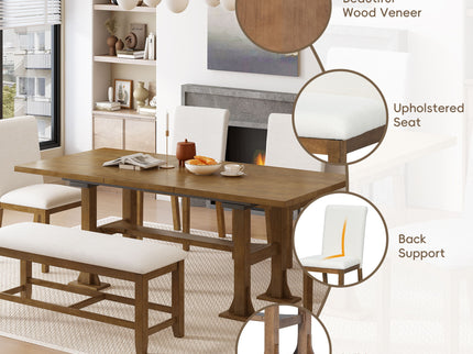 Topmax - 6 Piece Farmhouse Extendable Dining Table Set Trestle Kitchen Table Set With Removable Leaf And Upholstered Dining Chair And Bench For Dining Room