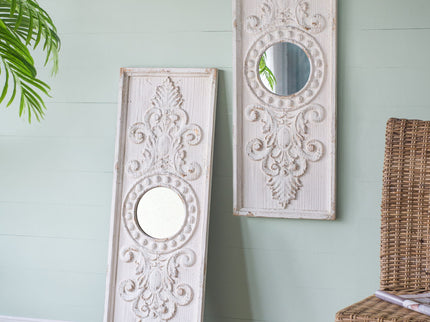 Large Wooden Wall Art Panels With Distressed Round Mirror Accents (Set of 2) - White