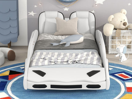 Race Car Shaped Twin Platform Bed With Wheels, Pine Wood Construction