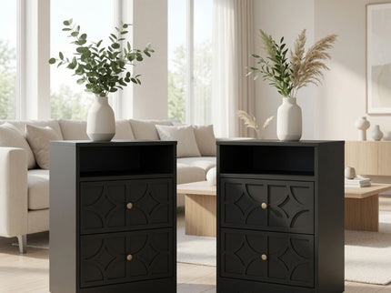 Nightstand With Diamond Carvings Handles, 2 Drawers & Charging Station